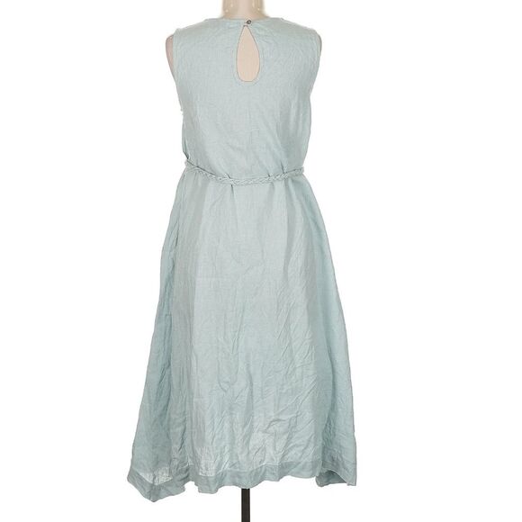 Magic Linen Nida Dress Dusty Blue Asymmetric Hem Sleeveless Braided Belt Medium - Picture 4 of 7